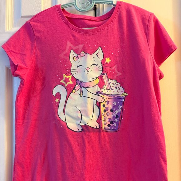 Pre-Loved The Children's Place Cute Cat with Bubble Tea Graphic Tee Size 14XL - Picture 1 of 4